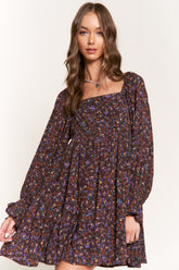 Dark Floral Long Sleeve Dress|Square Neck Loose A-Line Mini Dress|Lightweight Chiffon Autumn Outfit