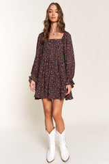 Dark Floral Long Sleeve Dress|Square Neck Loose A-Line Mini Dress|Lightweight Chiffon Autumn Outfit