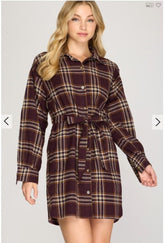 Brown Plaid Long Sleeve Shirt Dress|Belted Waist Mini Dress|Retro British Style Casual Dress