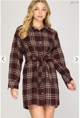 Brown Plaid Long Sleeve Shirt Dress|Belted Waist Mini Dress|Retro British Style Casual Dress