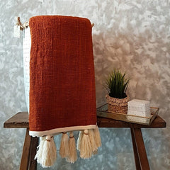 Brick Red Raw Cotton Throw with Natural Beaded Tassels | 127×210cm Soft & Cozy Cotton Blanket for Sofa & Bed