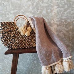 Grey Raw Cotton Throw with Natural Beaded Tassels | 125×195cm