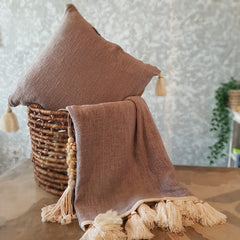 Grey Raw Cotton Throw with Natural Beaded Tassels | 125×195cm
