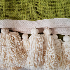 Lime Green Raw Cotton Throw with White Tassels | 140×200cm Soft & Breathable Cotton Blanket for Sofa & Bed