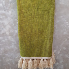 Lime Green Raw Cotton Throw with White Tassels | 140×200cm Soft & Breathable Cotton Blanket for Sofa & Bed