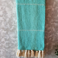 Light Blue Raw Cotton Throw with White Tassels | 125×195cm