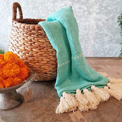 Light Blue Raw Cotton Throw with White Tassels | 125×195cm