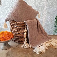 Grey Raw Cotton Throw with Natural Beaded Tassels | 125×195cm