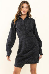 Black Long Sleeve Shirt Dress|Elegant Slim Fit Waist Dress|Chic Collared Mini Dress for Work or Casual Occasions