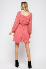 Coral Pink V-Neck Long Sleeve Dress|Belted Waist Ruffle Hem Mini Dress|Elegant and Playful Style