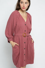 Vintage Red V-Neck Long Sleeve Dress|Button Front Belted Mini Dress|Elegant Casual Slim Fit Outfit