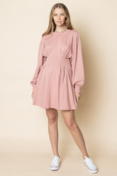 Light Pink High Neck Long Sleeve Dress|Waist-Fitted A-Line Mini Dress|Elegant and Minimalist Daily Outfit