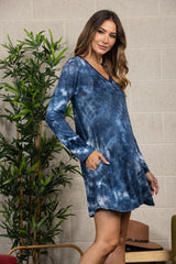 Navy Tie-Dye Long Sleeve Loose Dress – Casual Autumn & Winter Style(XS–L)