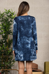 Navy Tie-Dye Long Sleeve Loose Dress – Casual Autumn & Winter Style(XS–L)