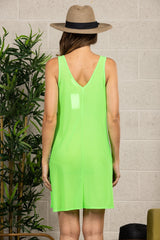 Neon Green Spaghetti Strap Dress|Loose Fit Sleeveless Mini Dress|Lightweight Vacation Beach Dress