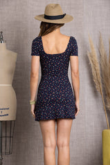 Navy Blue Floral Print Spaghetti Strap Dress|Fitted Summer Mini Dress|Chic French Style Casual Vacation Dress