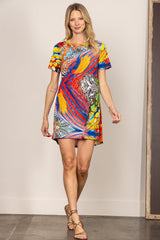 Colorful Abstract Print Short Sleeve Dress|Round Neck Loose Summer Dress|Lightweight Artistic Casual Mini Dress