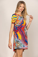 Colorful Abstract Print Short Sleeve Dress|Round Neck Loose Summer Dress|Lightweight Artistic Casual Mini Dress