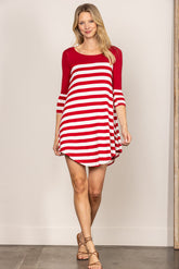 Red and White Striped Long Sleeve Dress|Casual A-Line Mini Dress|Round Neck Loose Fit Everyday Dress for Spring & Autumn