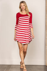 Red and White Striped Long Sleeve Dress|Casual A-Line Mini Dress|Round Neck Loose Fit Everyday Dress for Spring & Autumn