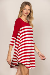 Red and White Striped Long Sleeve Dress|Casual A-Line Mini Dress|Round Neck Loose Fit Everyday Dress for Spring & Autumn