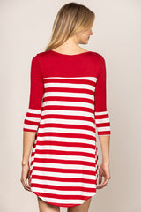 Red and White Striped Long Sleeve Dress|Casual A-Line Mini Dress|Round Neck Loose Fit Everyday Dress for Spring & Autumn