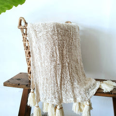 Loose Weave Natural Cotton Throw with Tassels or Pompoms | 130×220cm