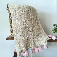 Loose Weave Natural Cotton Throw with Tassels or Pompoms | 130×220cm