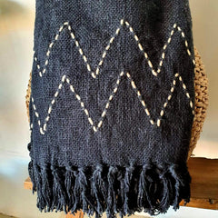 Black Raw Cotton Throw with White Stitch Pattern and Soft Fringe | 130×200cm