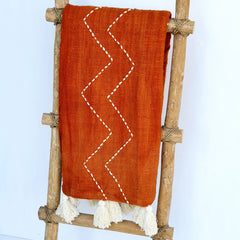Orange and White Zigzag Pattern Woven Cotton Throw with Tassel Edge | 130×200cm