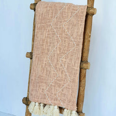 Peach Cotton Throw with Zigzag Stitch Design and Natural Tassels | 125×195cm