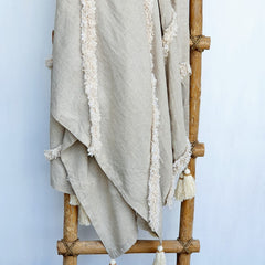 Natural Cotton Linen Throw with Diagonal Stripes and Beaded Tassels | 130×200cm