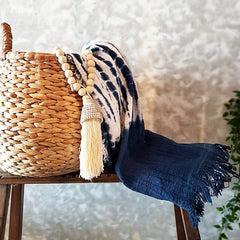 Blue & White Raw Cotton Tie-Dye Throw with Blue Fringe | 119×224cm