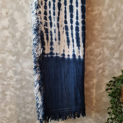 Blue & White Raw Cotton Tie-Dye Throw with Blue Fringe | 119×224cm