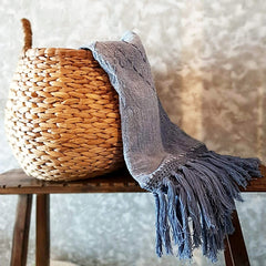 Grey Stitch Pattern Raw Cotton Throw with Grey Tassels | Soft & Breathable 145×200cm Cotton Blanket for Sofa and Bed