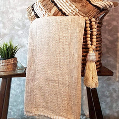 Natural Raw Cotton Throw with Stitched Pattern and White Hem | 138×190cm Soft & Breathable Cotton Blanket for Sofa & Bed