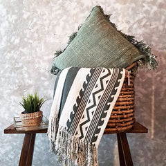 Green Pattern Raw Cotton Throw with Fringe | 125×195cm