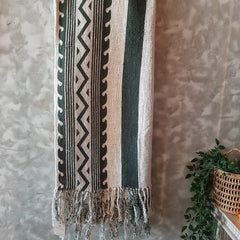 Green Pattern Raw Cotton Throw with Fringe | 125×195cm
