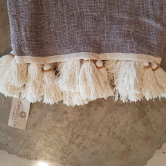 Grey Raw Cotton Throw with Natural Beaded Tassels | 125×195cm