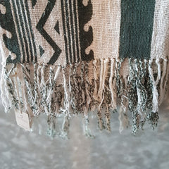 Green Pattern Raw Cotton Throw with Fringe | 125×195cm