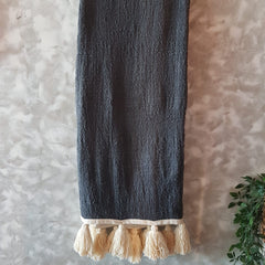 Grey Raw Cotton Throw with Natural Tassels | 140×200cm Minimalist Soft Blanket for Sofa & Bed