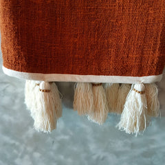 Brick Red Raw Cotton Throw with Natural Beaded Tassels | 127×210cm Soft & Cozy Cotton Blanket for Sofa & Bed