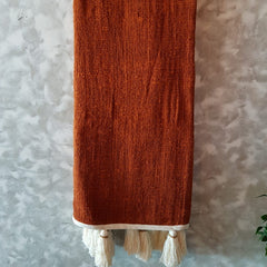Brick Red Raw Cotton Throw with Natural Beaded Tassels | 127×210cm Soft & Cozy Cotton Blanket for Sofa & Bed