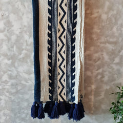Navy Blue Tribal Pattern Raw Cotton Throw with Tassels | 140×200cm Boho-Inspired Woven Blanket