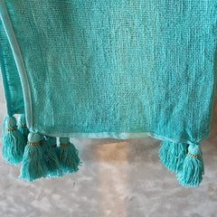 Baby Blue Raw Cotton Throw with Blue Beaded Tassels | 140×200cm Soft Lightweight Blanket