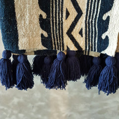 Navy Blue Tribal Pattern Raw Cotton Throw with Tassels | 140×200cm Boho-Inspired Woven Blanket