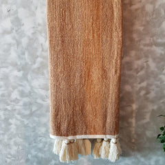 Light Brown Raw Cotton Throw with Natural Beaded Tassels | 140×200cm Soft & Cozy Blanket for Sofa & Bed