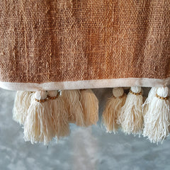 Light Brown Raw Cotton Throw with Natural Beaded Tassels | 140×200cm Soft & Cozy Blanket for Sofa & Bed