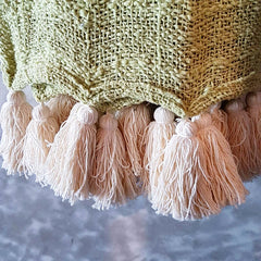 Throw Baby Green Soft Raw Cotton with Natural Tassels | 140×200cm Light & Airy Cotton Blanket for Sofa & Bed