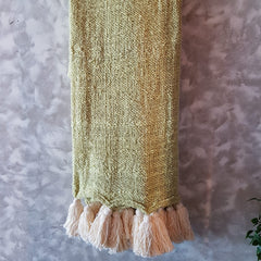 Throw Baby Green Soft Raw Cotton with Natural Tassels | 140×200cm Light & Airy Cotton Blanket for Sofa & Bed